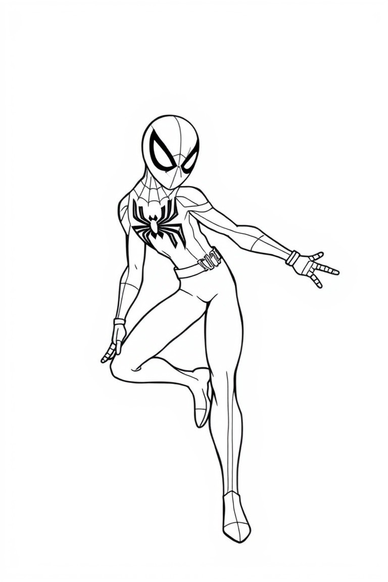 Desenho para colorir de personagem aranha com traje detalhado.