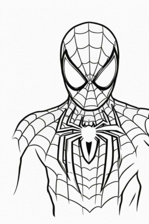 Desenho para colorir do Homem-Aranha com teia no traje.