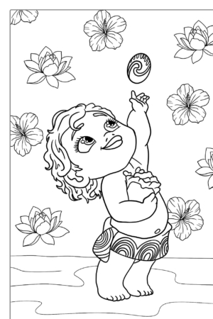 Desenho para colorir da Moana bebê e flores.