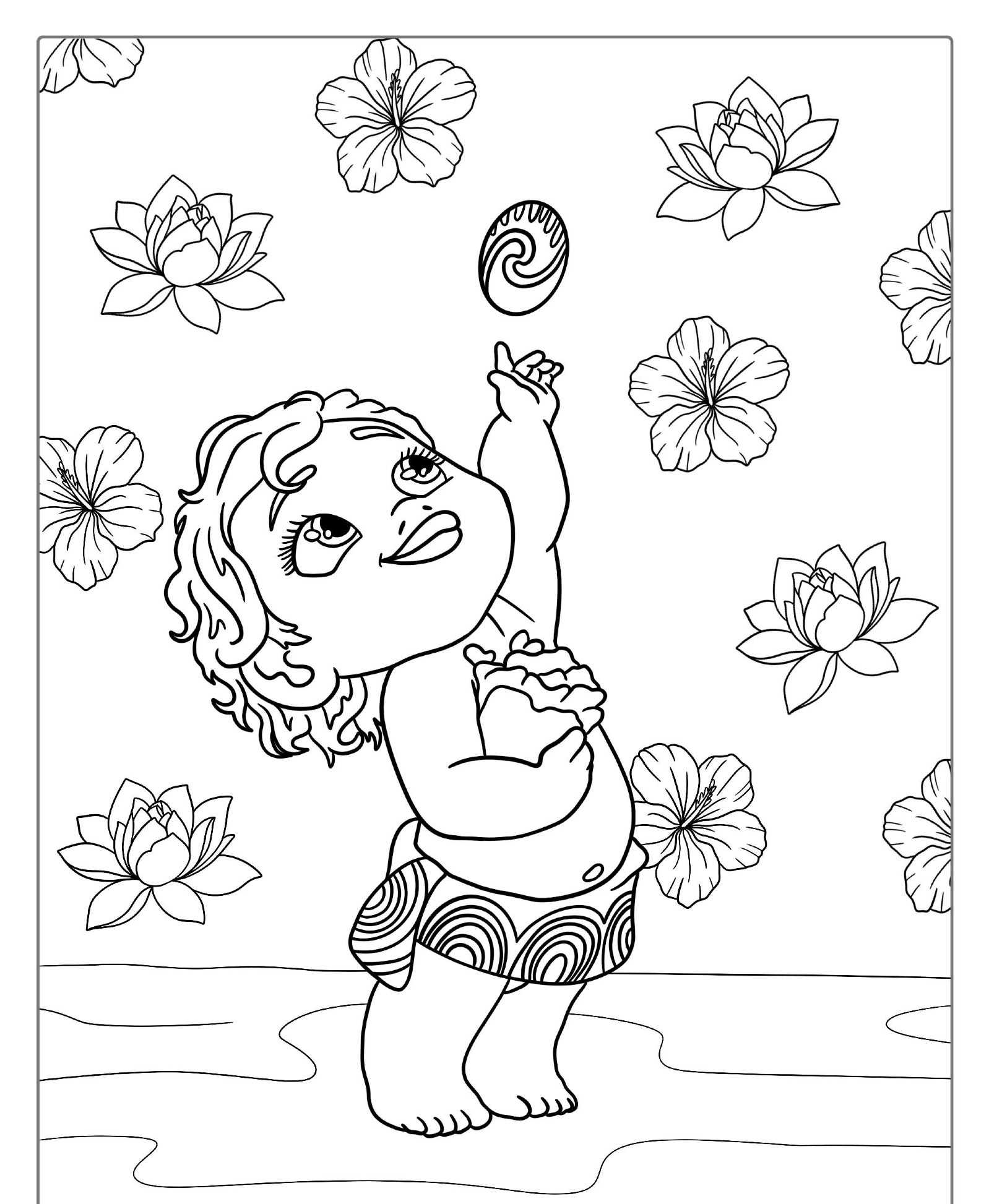 Desenho para colorir da Moana bebê e flores.