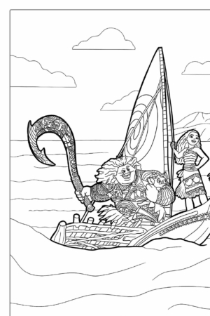 Desenho para colorir da Moana no barco.