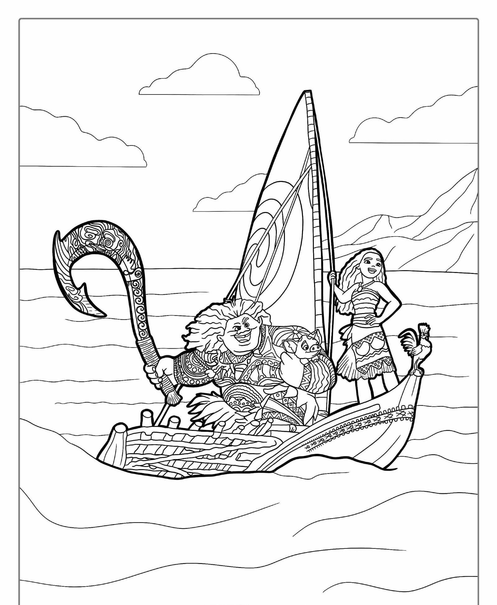 Desenho para colorir da Moana no barco.