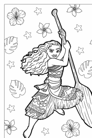 Desenho para colorir da Moana com flores.