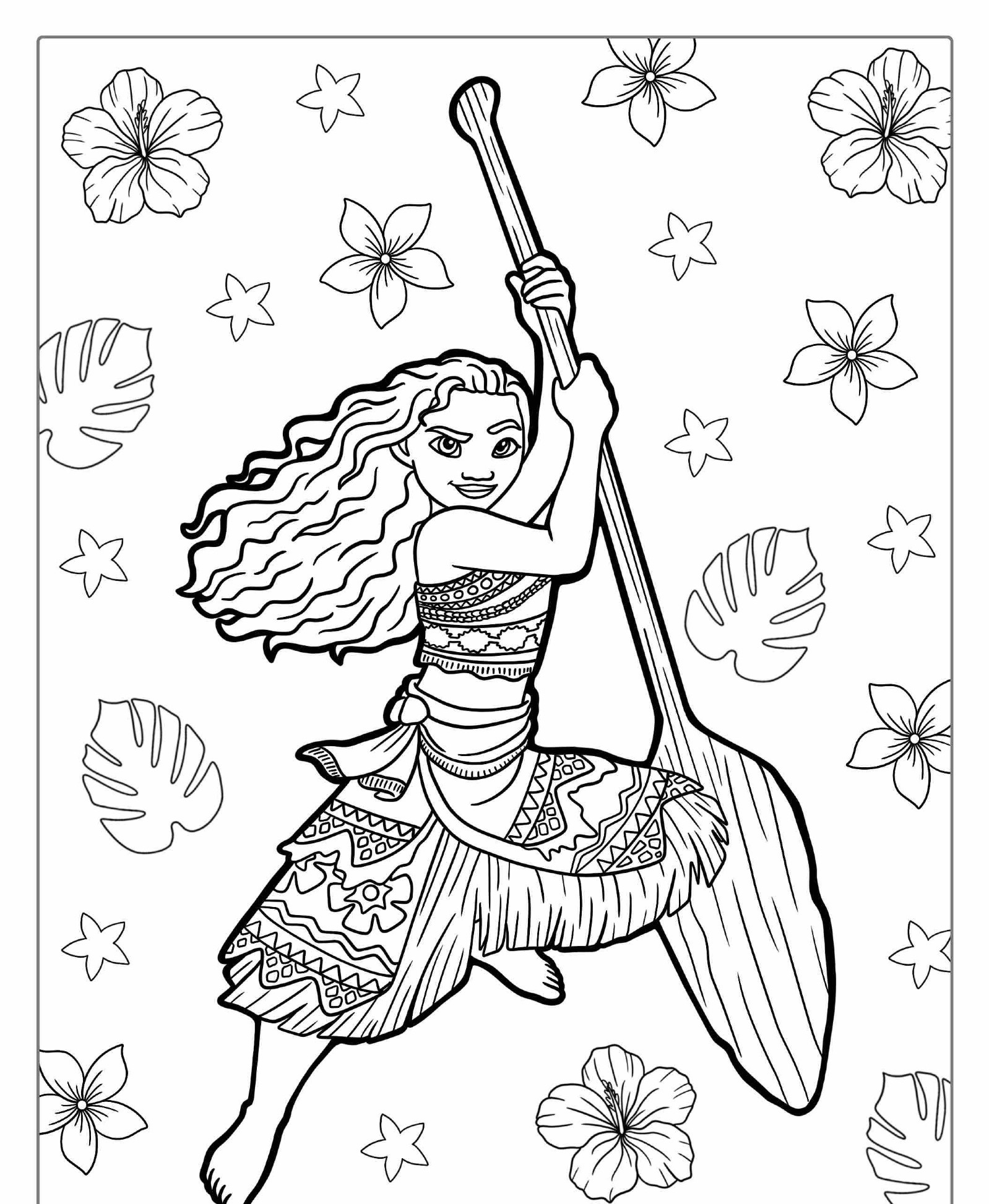 Desenho para colorir da Moana com flores.