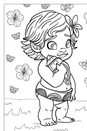 Desenho para colorir da Moana bebê com flor.