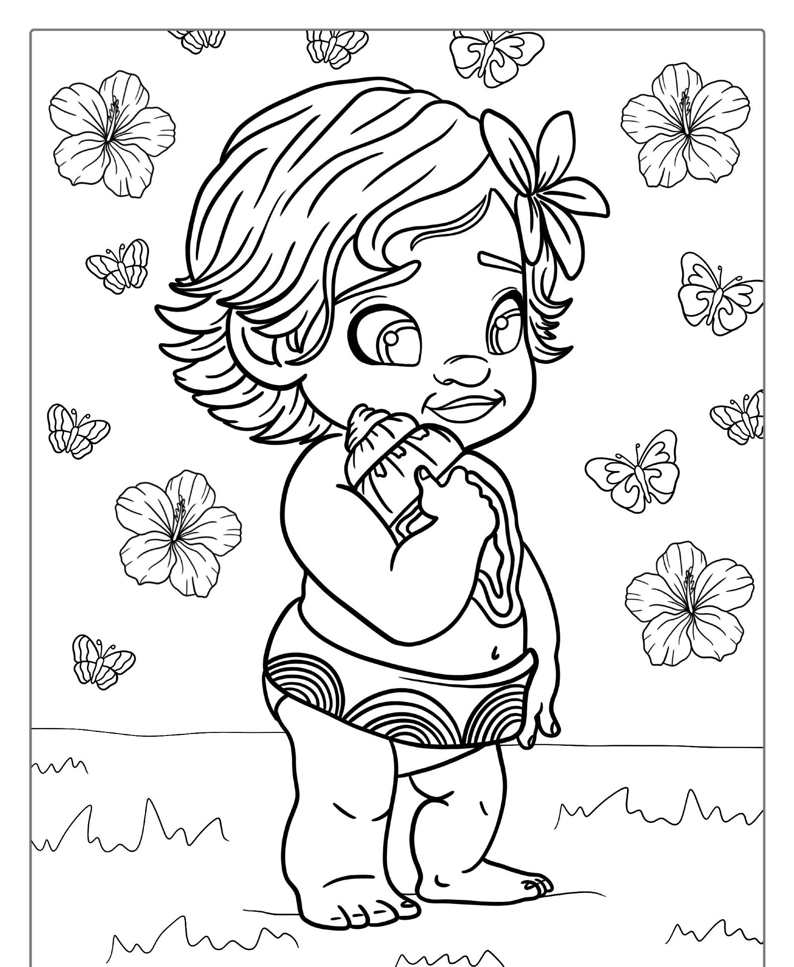 Desenho para colorir da Moana bebê com flor.