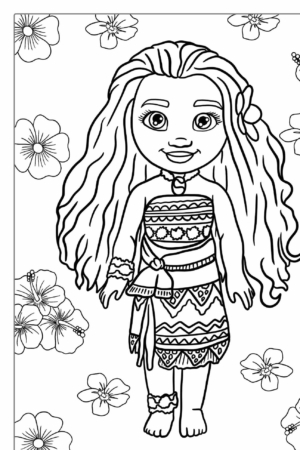 Desenho para colorir da Moana com flores.