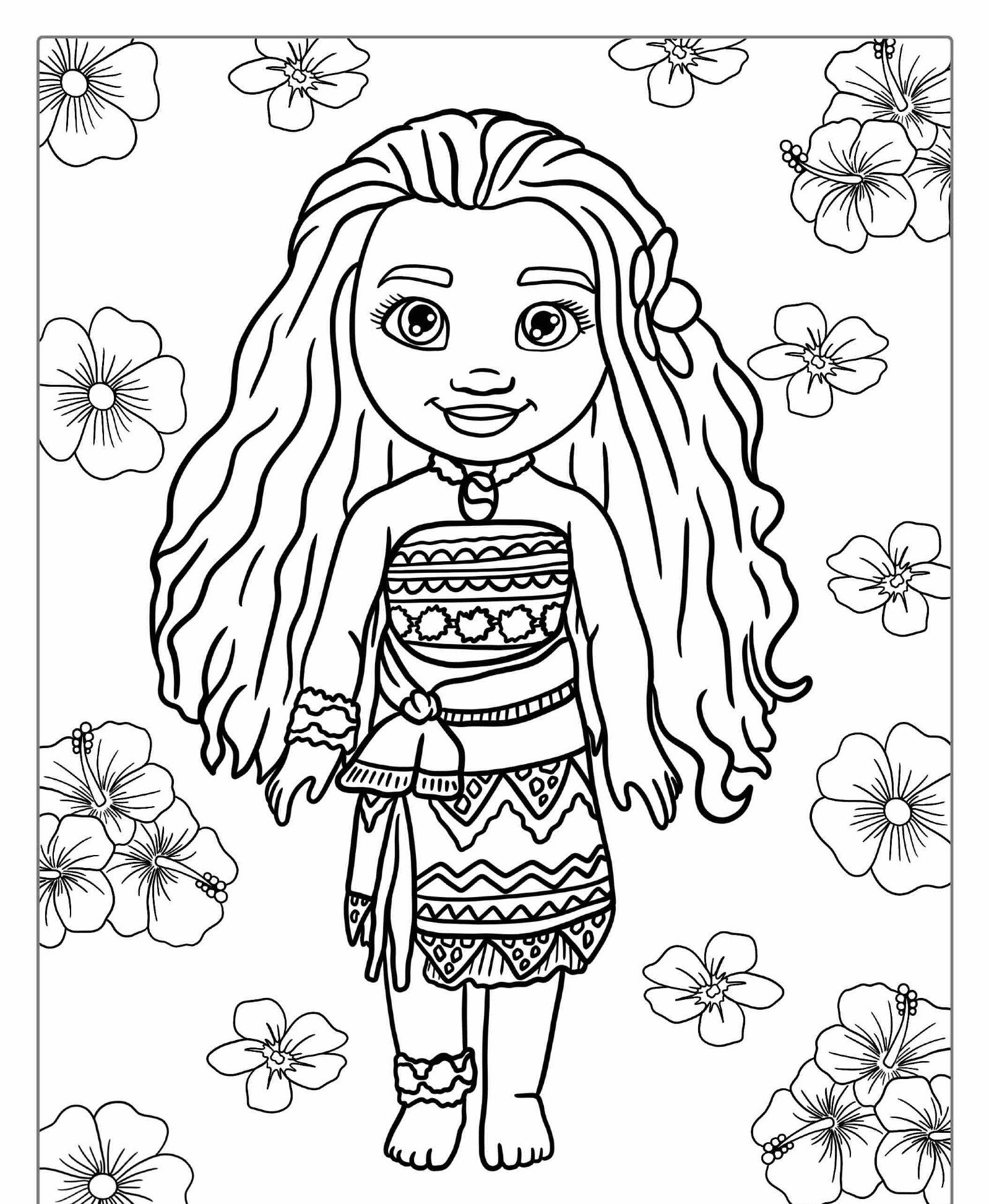 Desenho para colorir da Moana com flores.