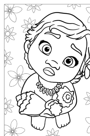 Desenho para colorir da bebê Moana com flores.