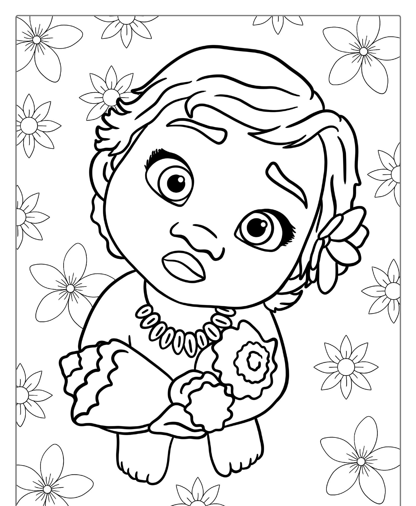 Desenho para colorir da bebê Moana com flores.