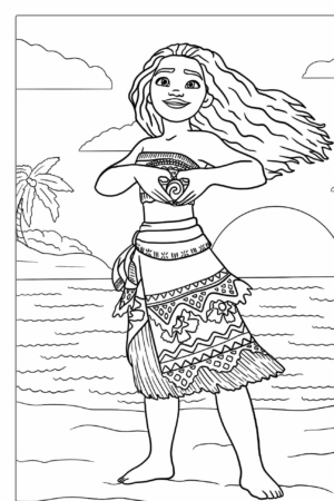 Desenho para colorir da Moana na praia.