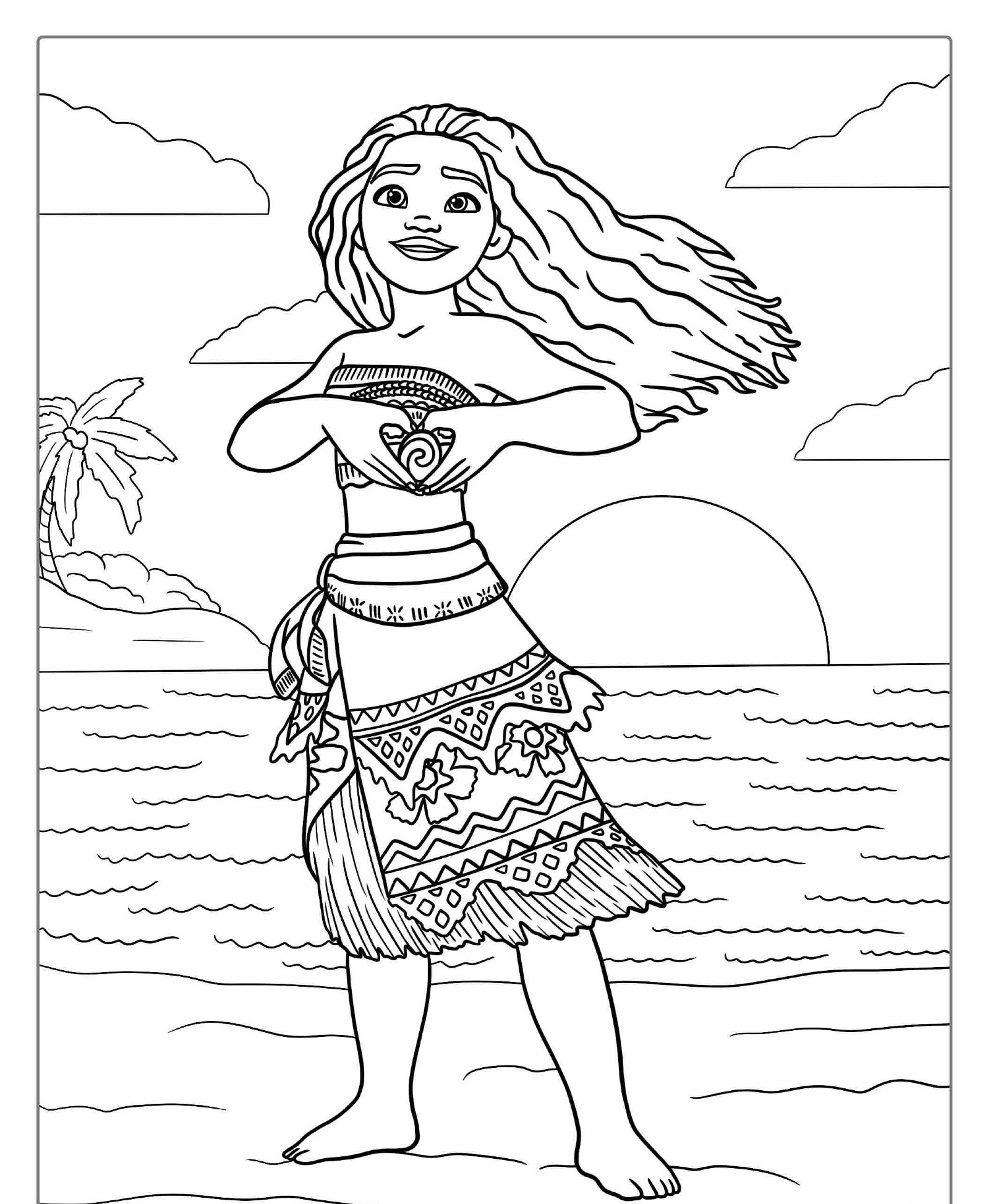 Desenho para colorir da Moana na praia.