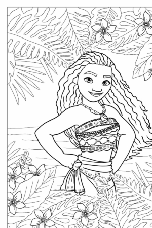 Desenho para colorir da Moana com folhagens.