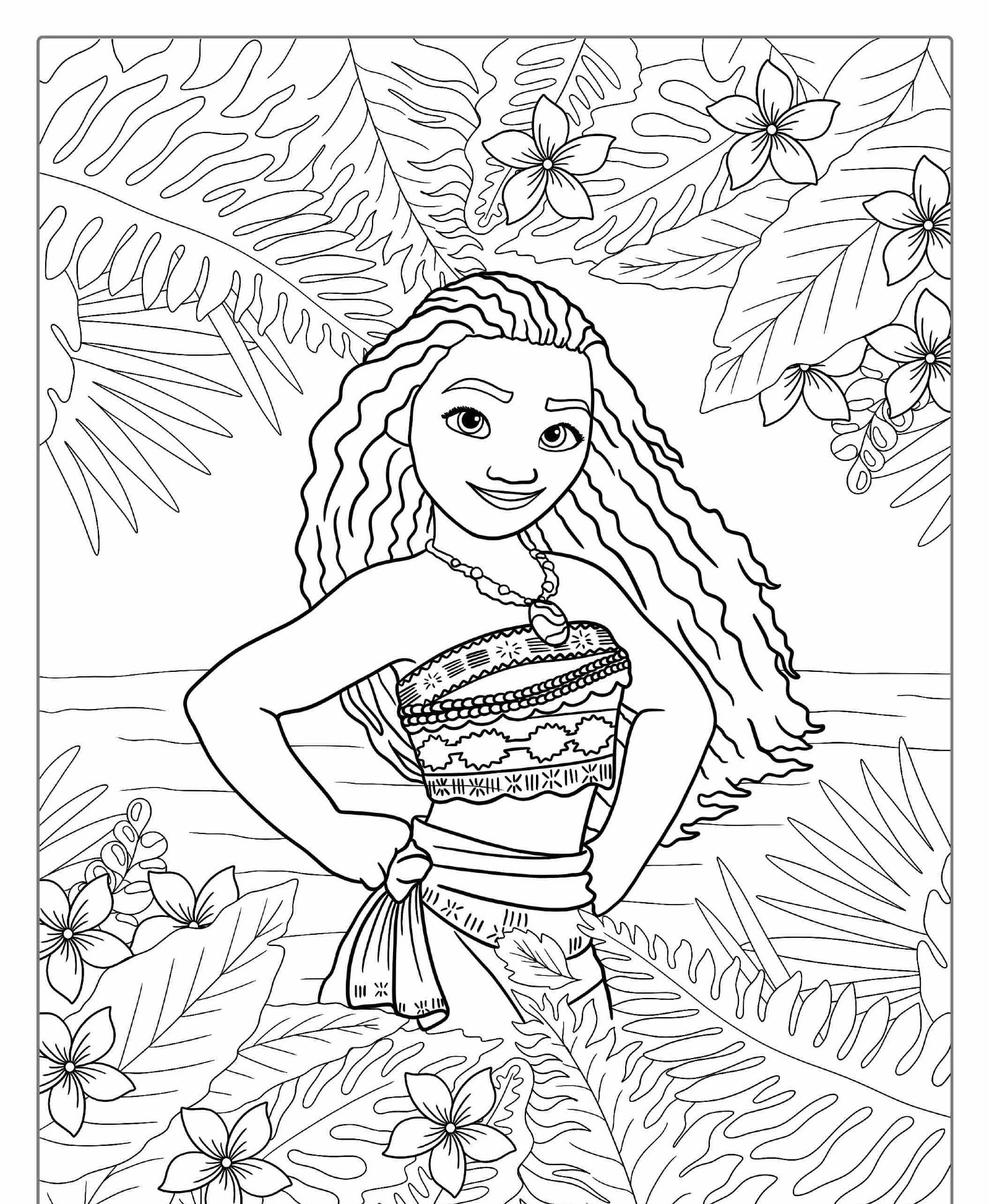 Desenho para colorir da Moana com folhagens.