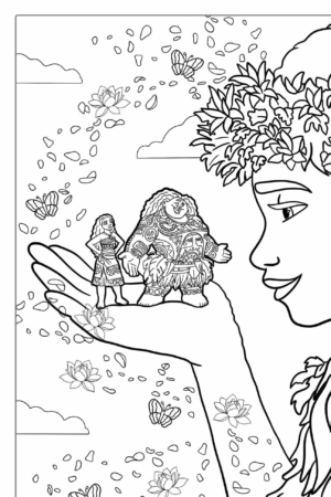 Desenho para colorir da Moana em mãos gigantes.