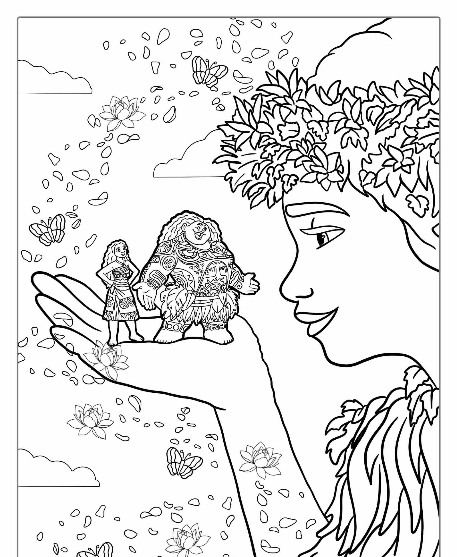 Desenho para colorir da Moana em mãos gigantes.