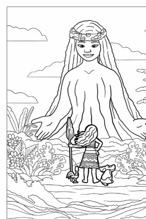 Desenho para colorir da Moana e Te Fiti.