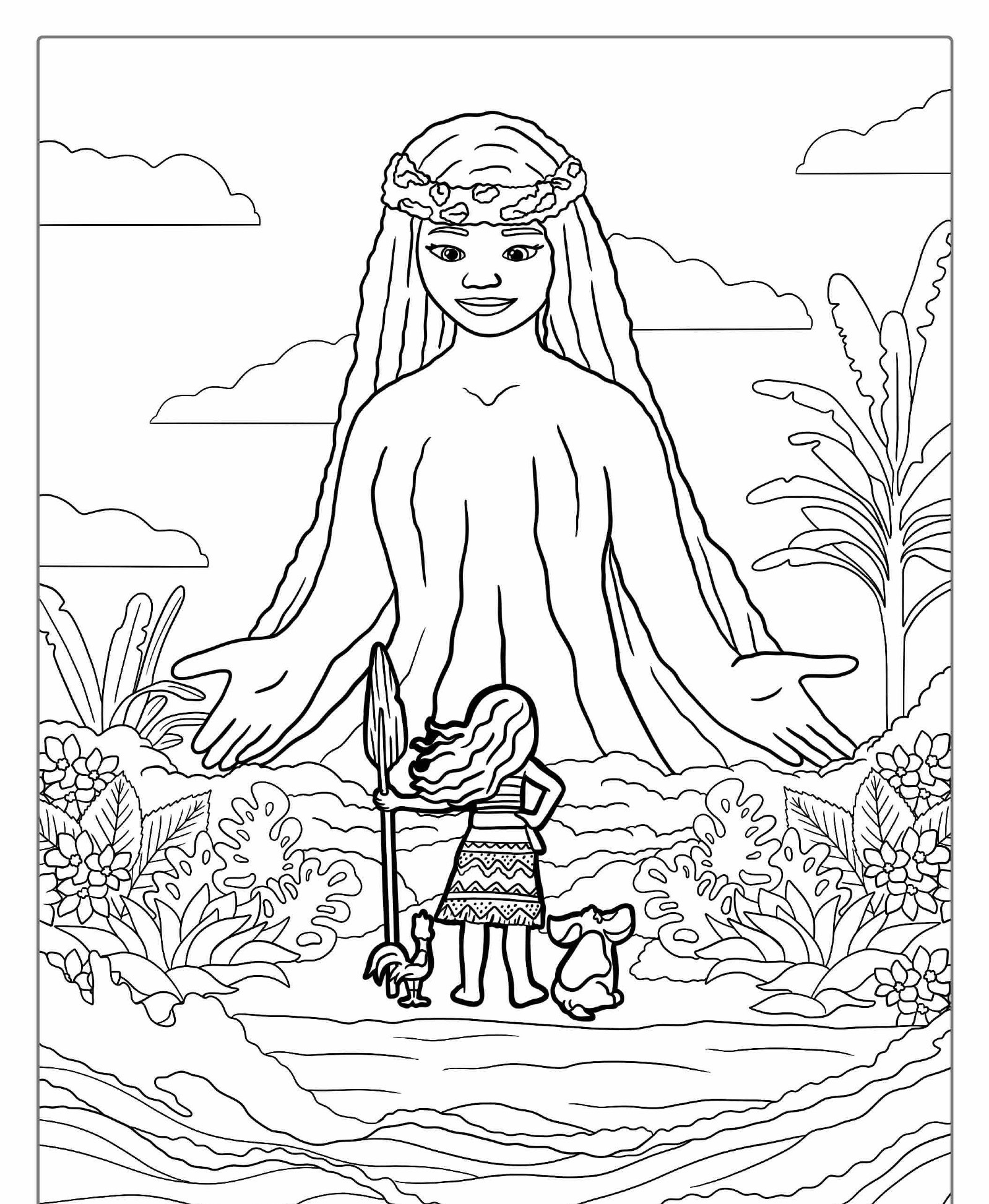 Desenho para colorir da Moana e Te Fiti.