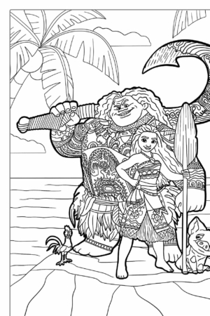 Desenho para colorir de Moana, Maui e animais.