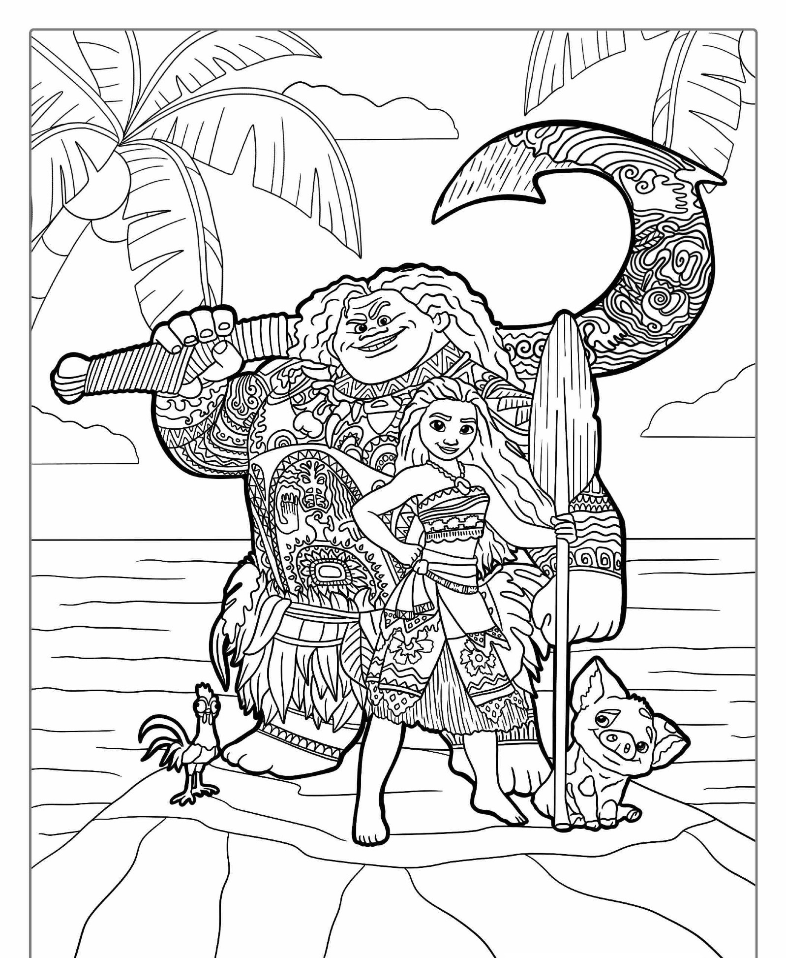 Desenho para colorir de Moana, Maui e animais.