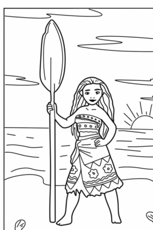 Desenho para colorir de Moana na praia.