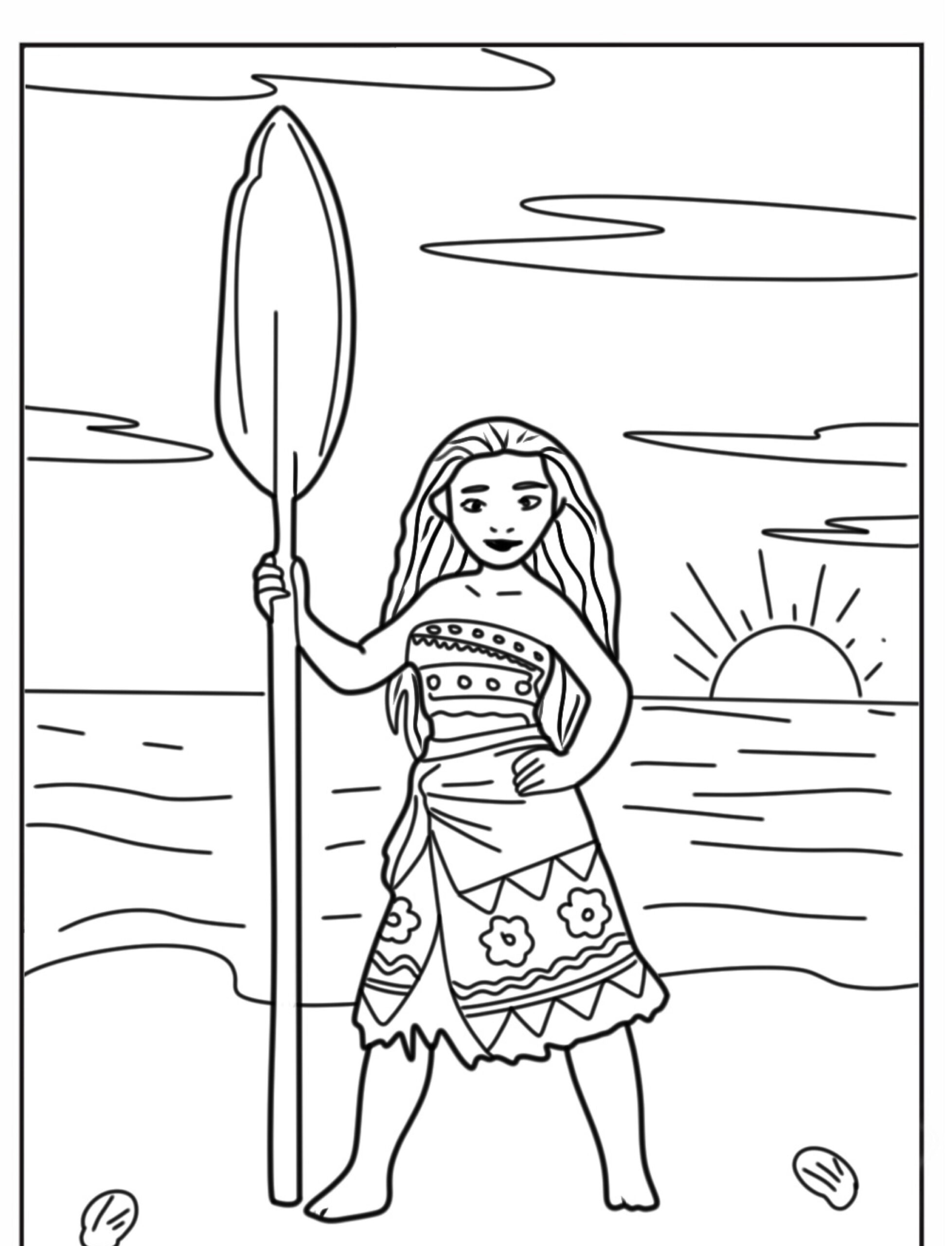 Desenho para colorir de Moana na praia.