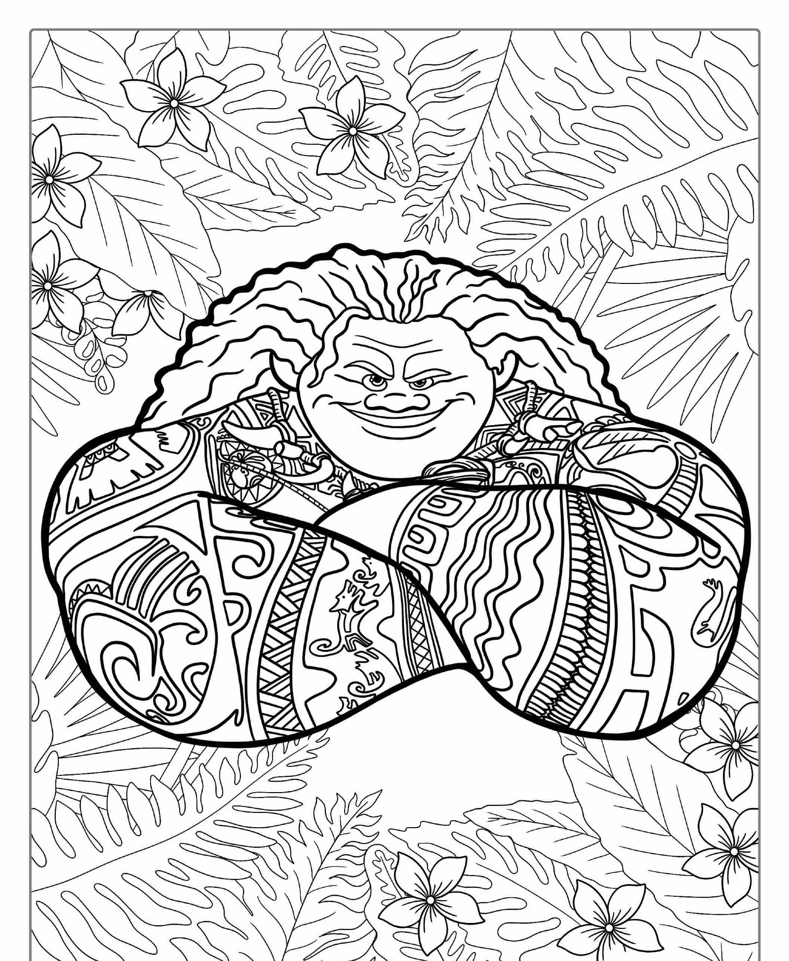 Desenho para colorir de personagem tatuado com plantas.