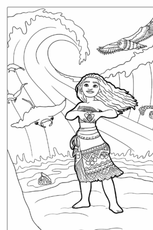 Desenho para colorir de Moana na praia.