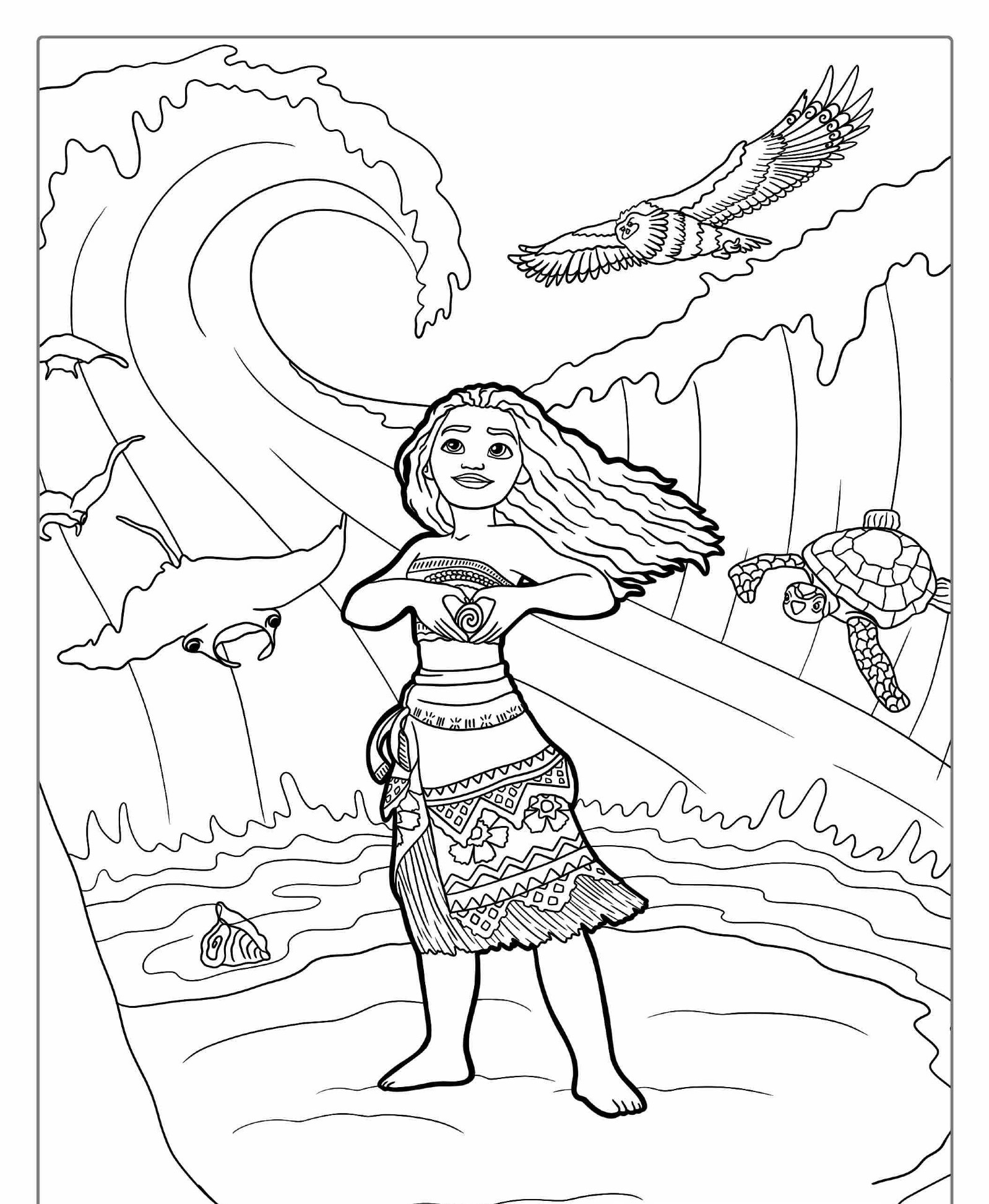 Desenho para colorir de Moana na praia.