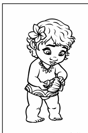 Desenho para colorir da bebê Moana com concha.