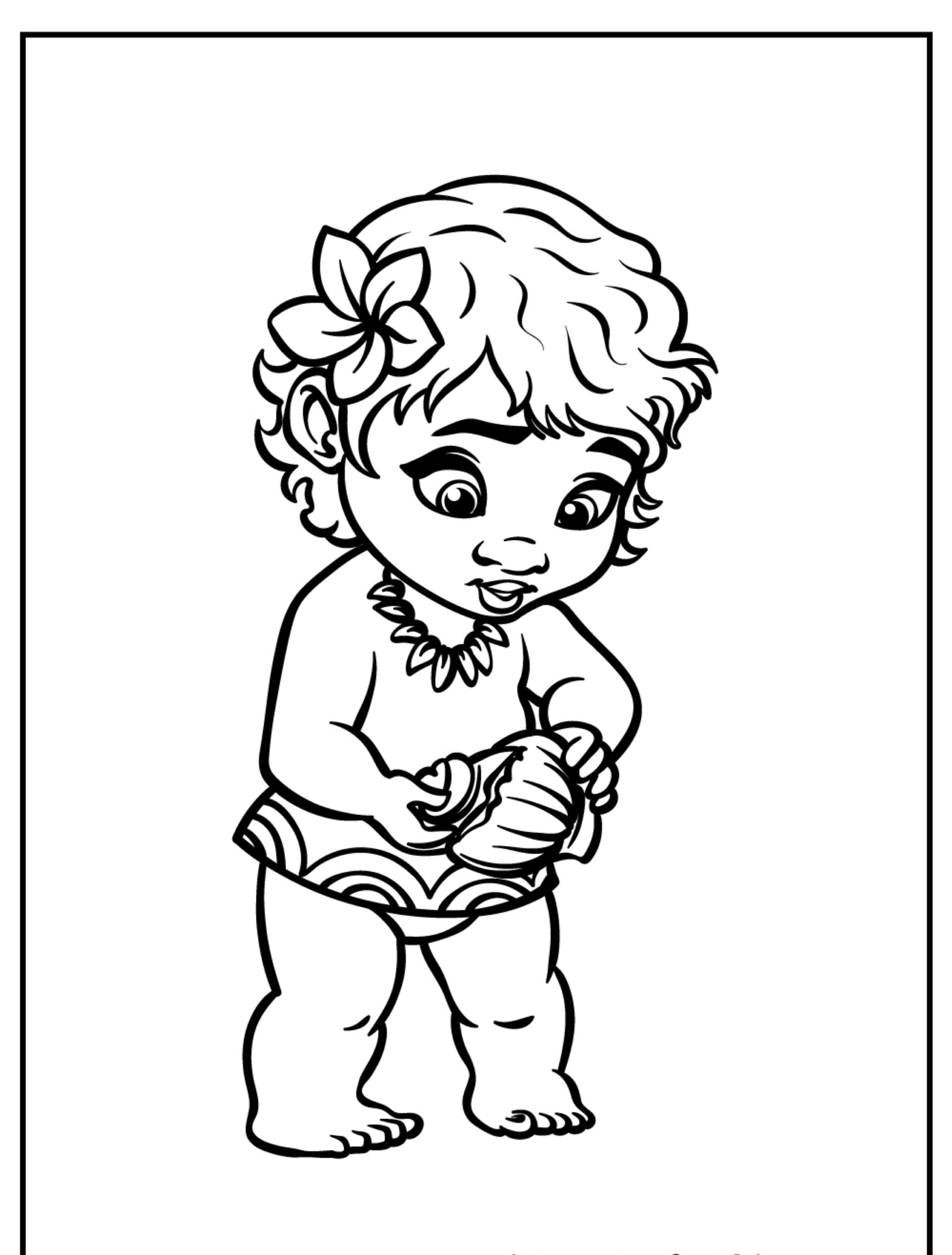 Desenho para colorir da bebê Moana com concha.