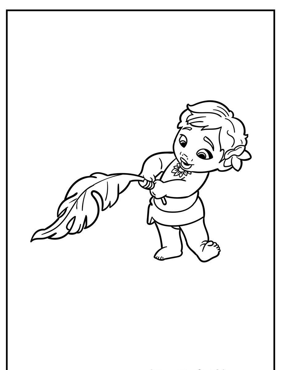 Desenho para colorir de bebê segurando folha.