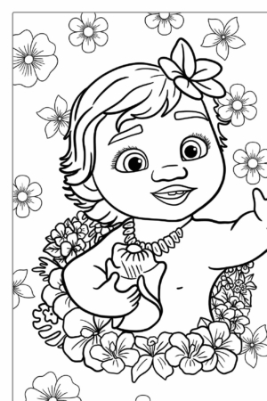 Desenho para colorir da Moana bebê com flores.