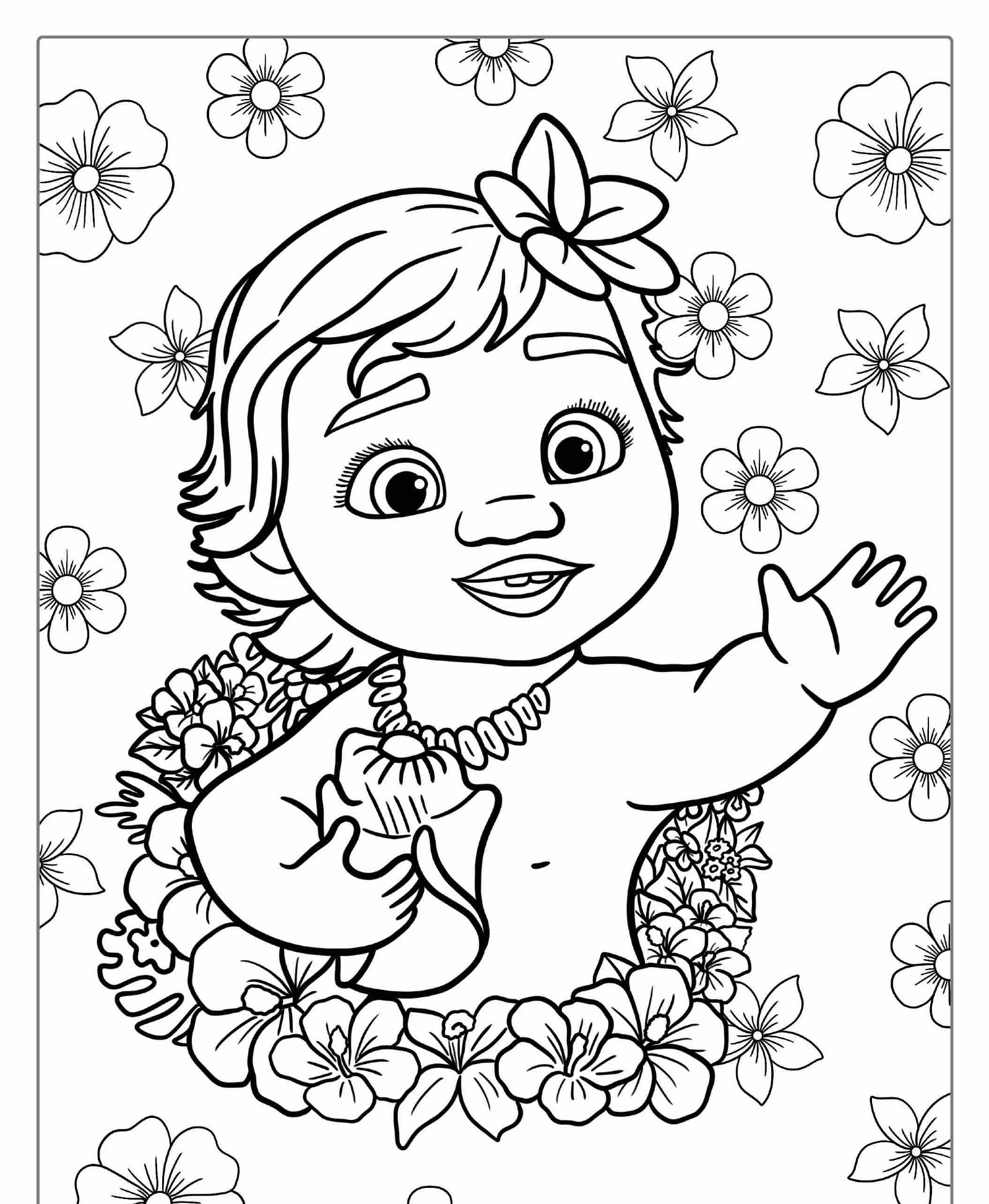 Desenho para colorir da Moana bebê com flores.