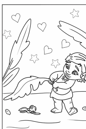 Desenho para colorir da bebê Moana com folha.