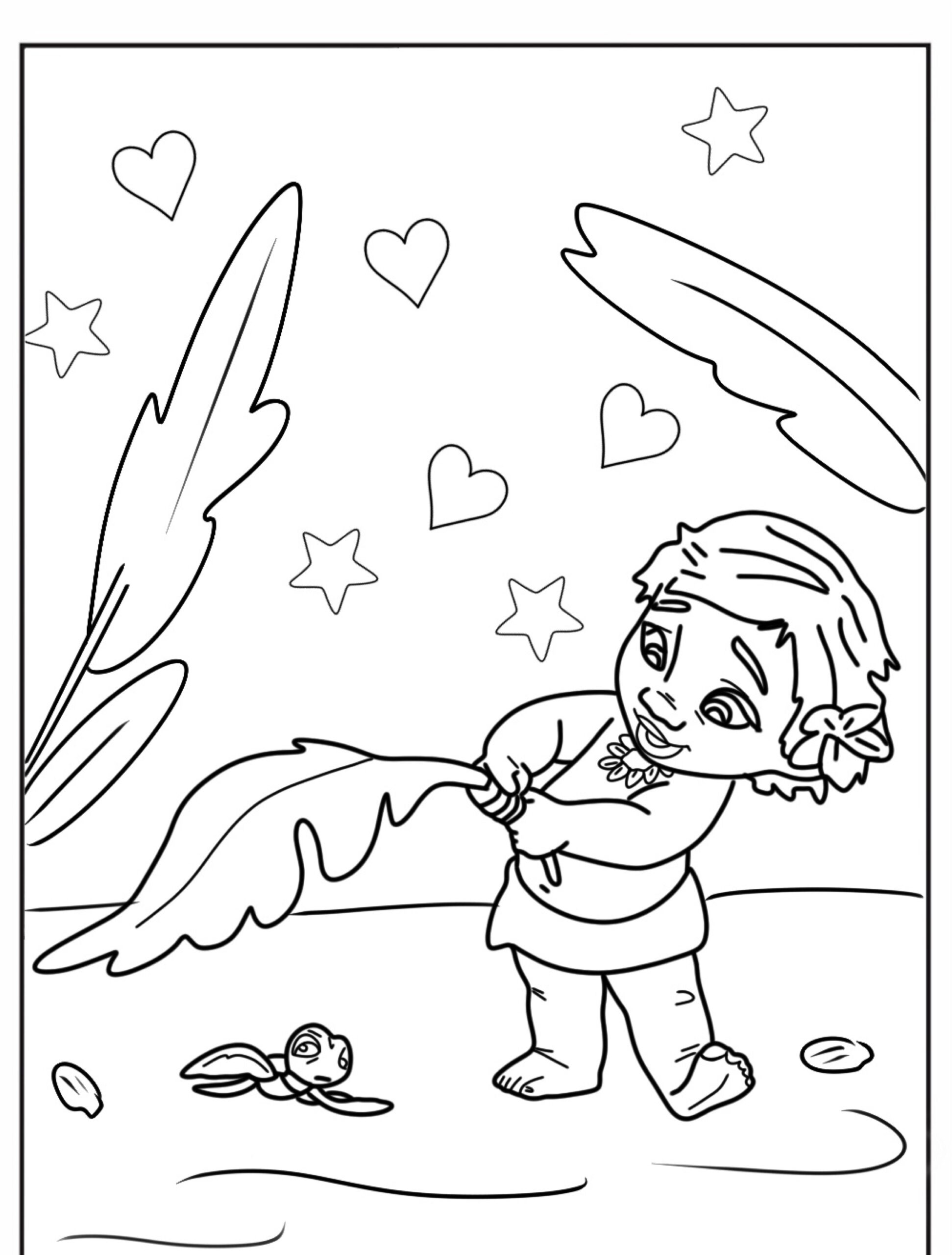 Desenho para colorir da bebê Moana com folha.