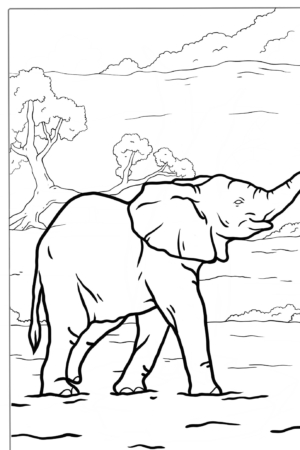 Desenho para colorir de um elefante com árvores ao fundo, linha simples.