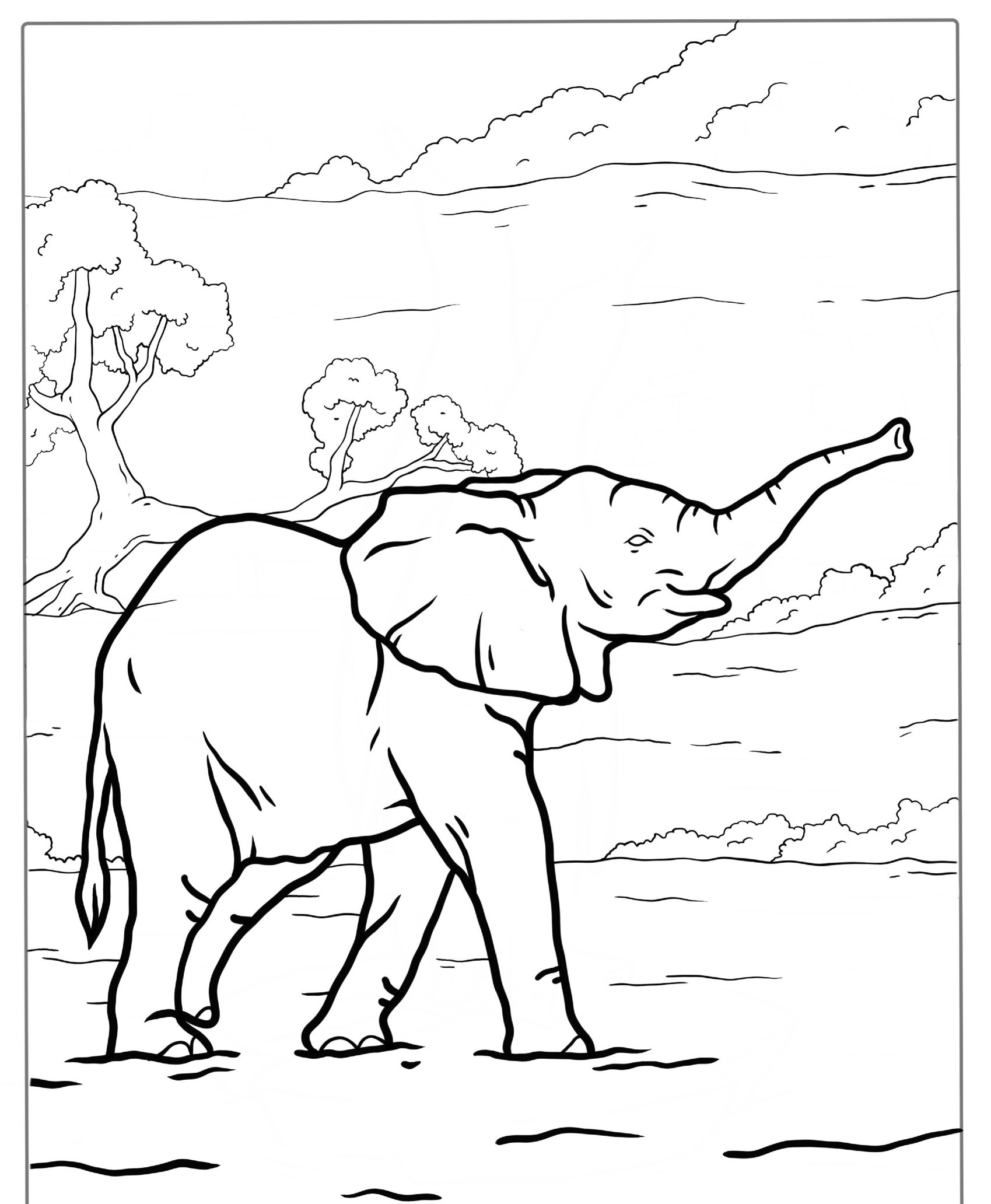 Desenho para colorir de um elefante com árvores ao fundo, linha simples.