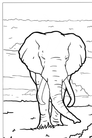 Elefante em pé em uma paisagem aberta para colorir, cenário ao fundo.