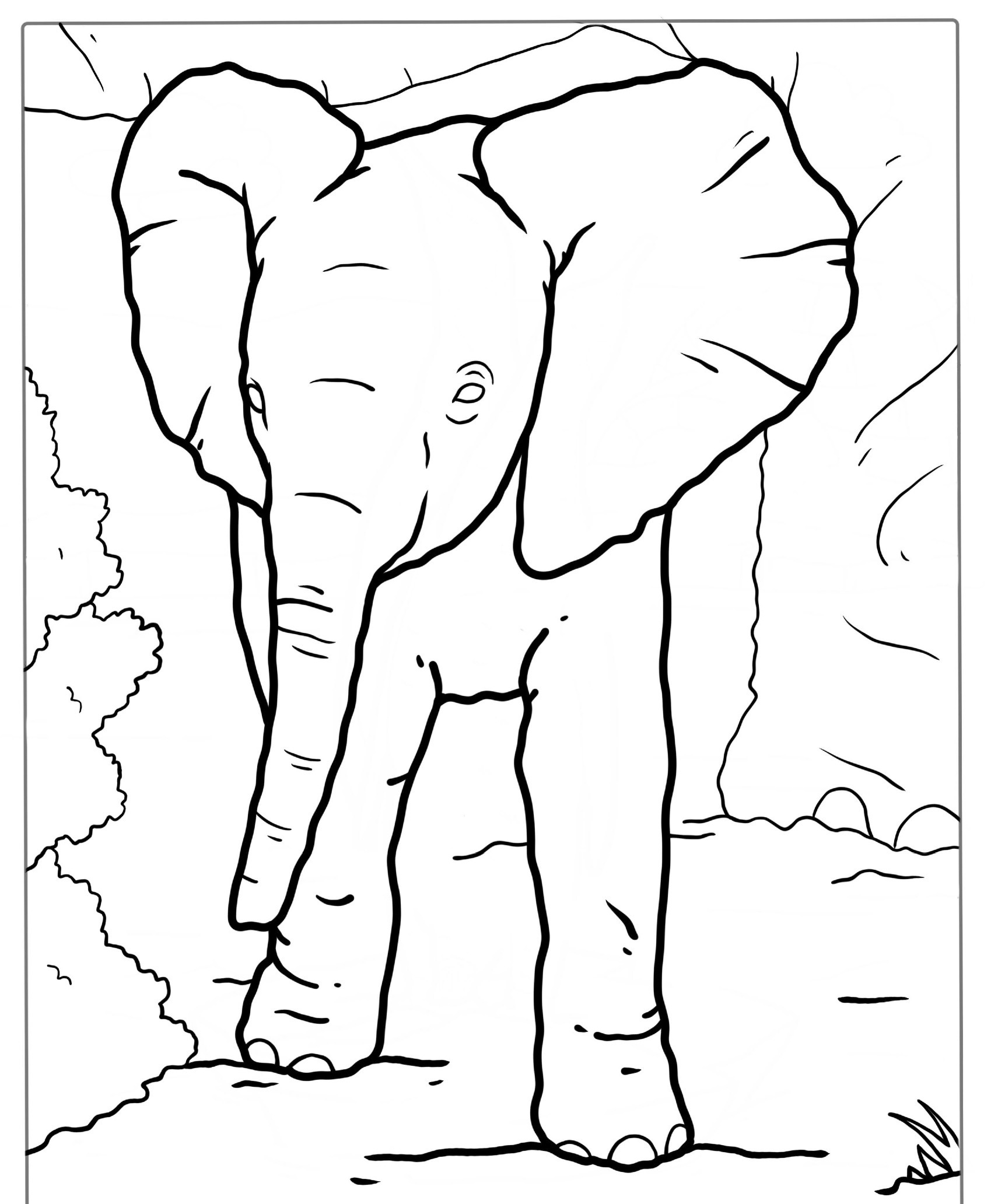 Elefante em pé, para colorir, com grandes orelhas.