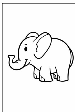 Desenho de um elefante sorrindo para colorir, com contorno grosso.