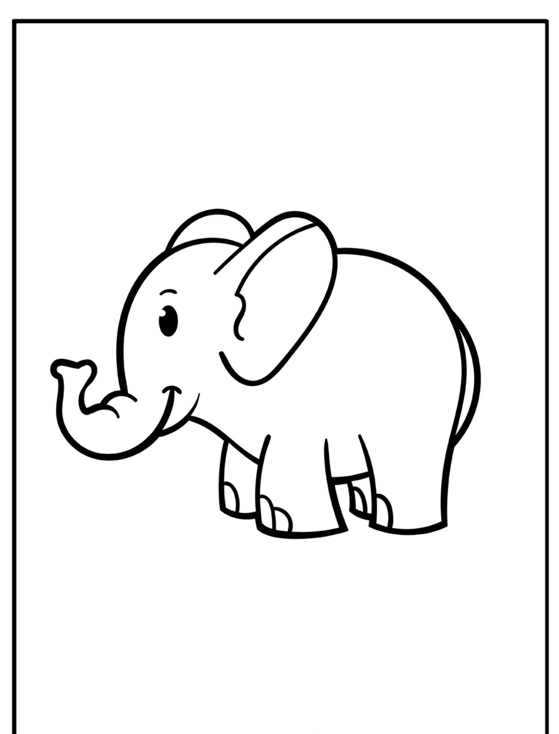 Desenho de um elefante sorrindo para colorir, com contorno grosso.