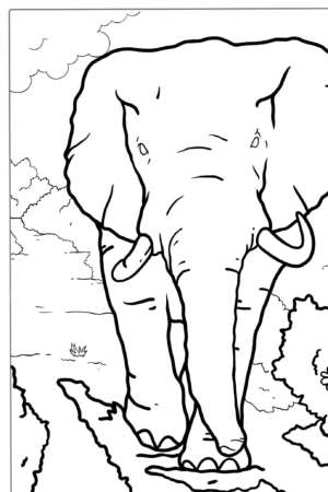 Elefante caminhando em uma trilha, folhas ao redor, desenho para colorir.