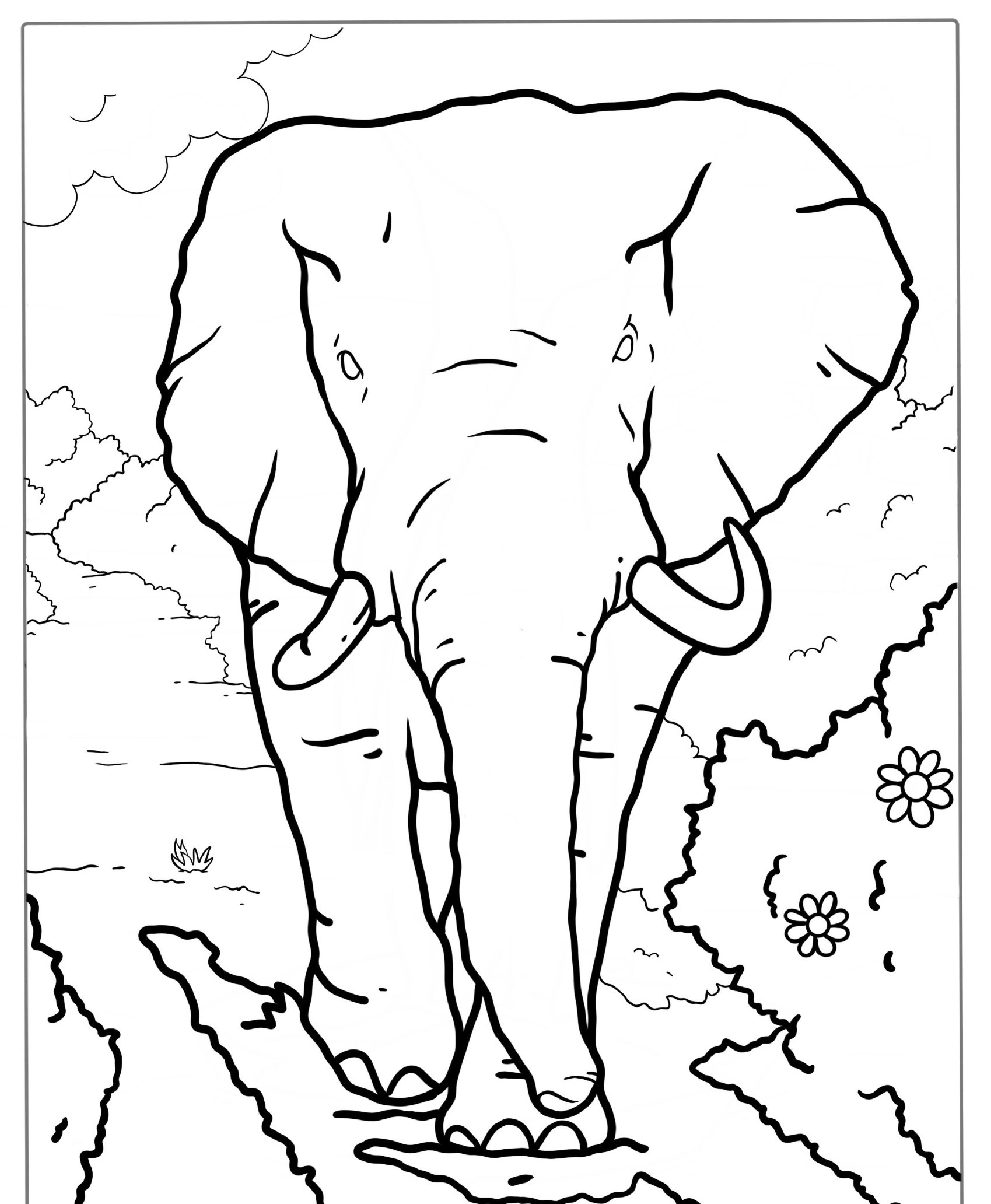 Elefante caminhando em uma trilha, folhas ao redor, desenho para colorir.