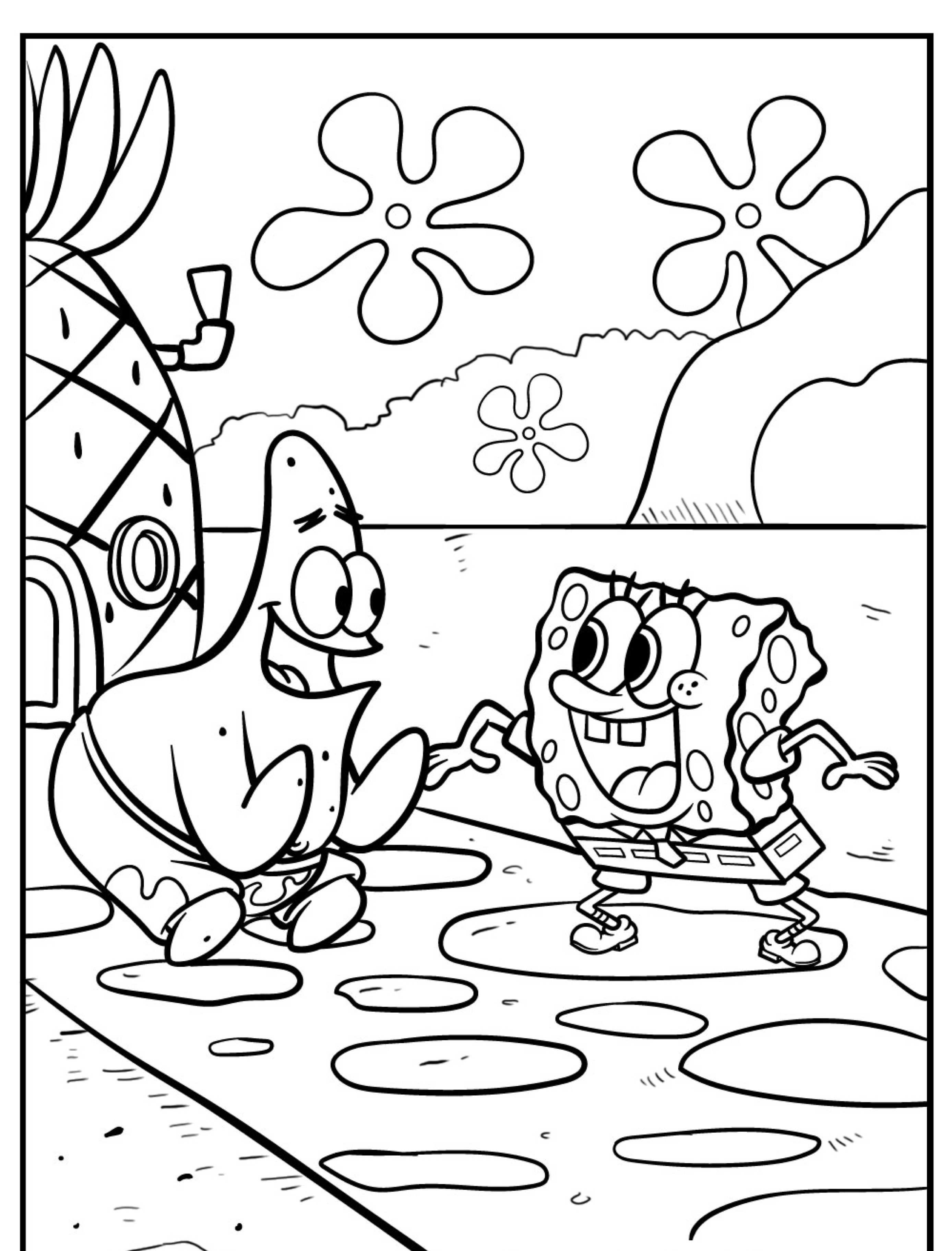 Desenho para colorir com personagens do Bob Esponja felizes caminhando juntos.