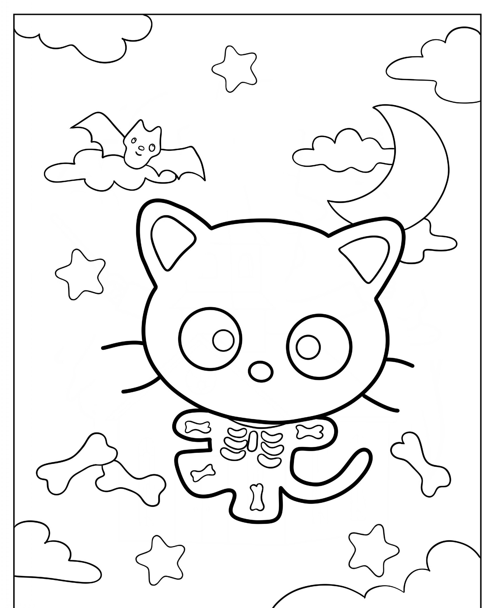 Um gato fofo de desenho animado com esqueleto de desenho animado visível está cercado por estrelas, nuvens, um morcego e uma lua crescente no céu noturno. Para colorir