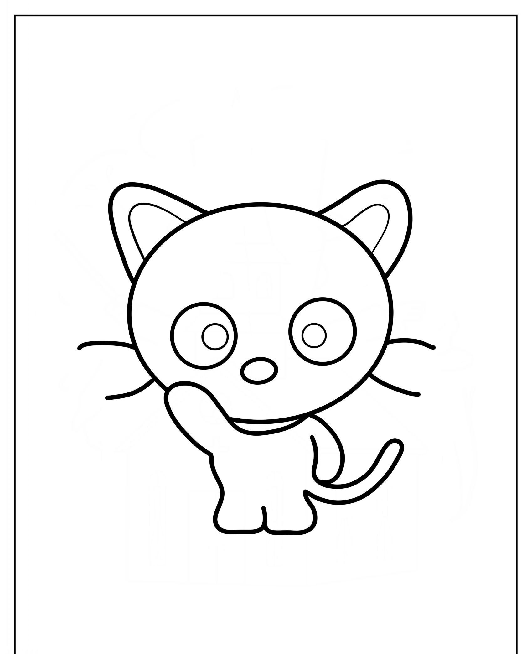 Um desenho simples de um gato de desenho animado com olhos grandes e redondos, nariz pequeno e orelhas arredondadas, levantando uma pata. Para colorir