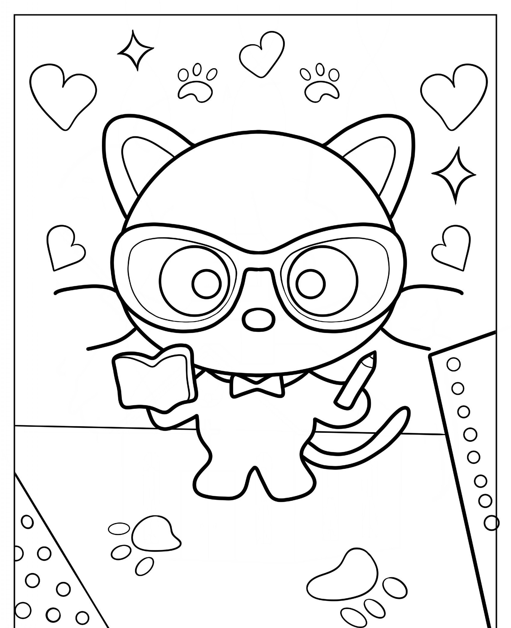 Um gato de desenho animado com óculos grandes segura um livro e um lápis. Pegadas de patas e corações decoram o fundo. Para colorir