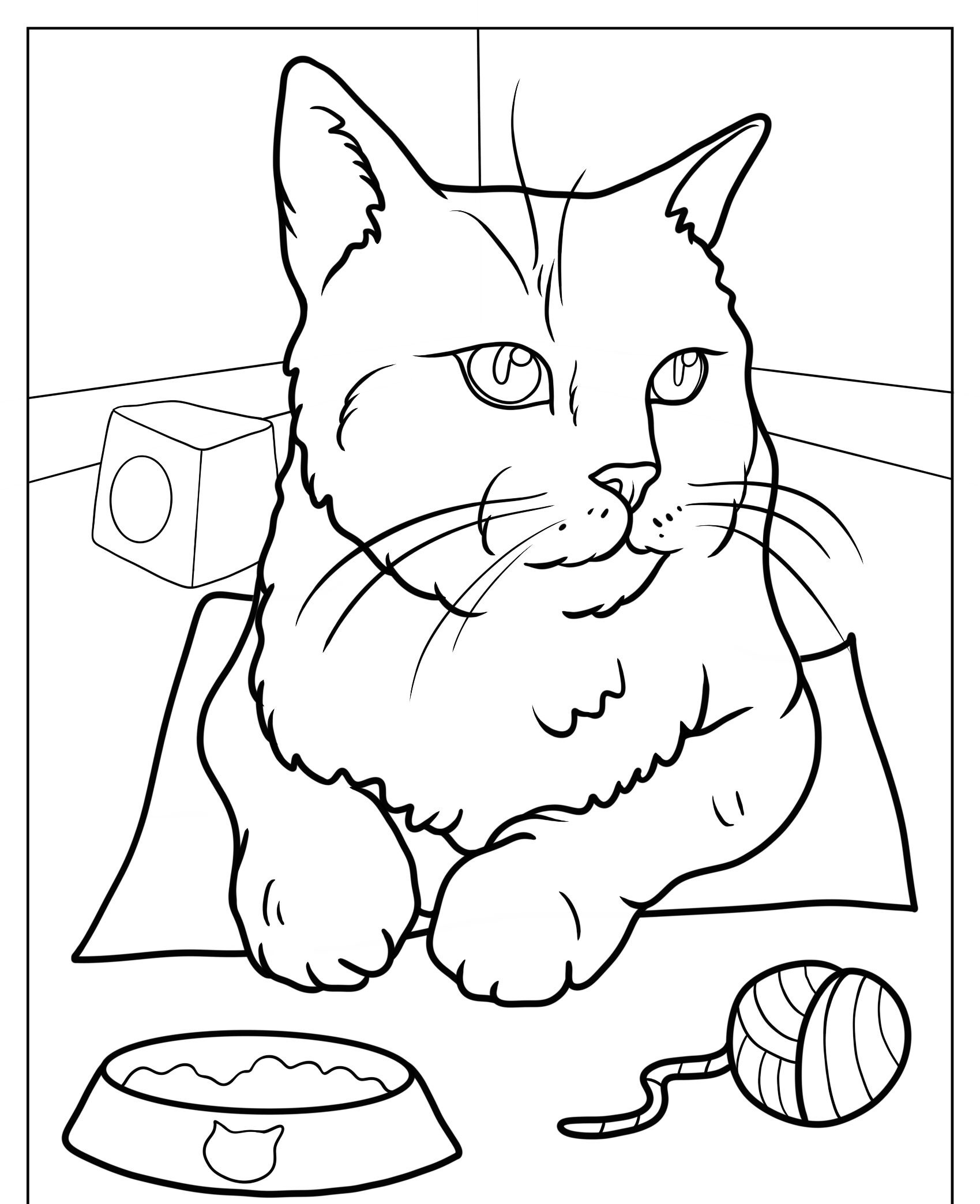 Um desenho de contorno preto e branco de um gato sentado ao lado de uma tigela de comida e uma bola de lã. O gato está olhando para o lado com as patas colocadas na frente. Para colorir