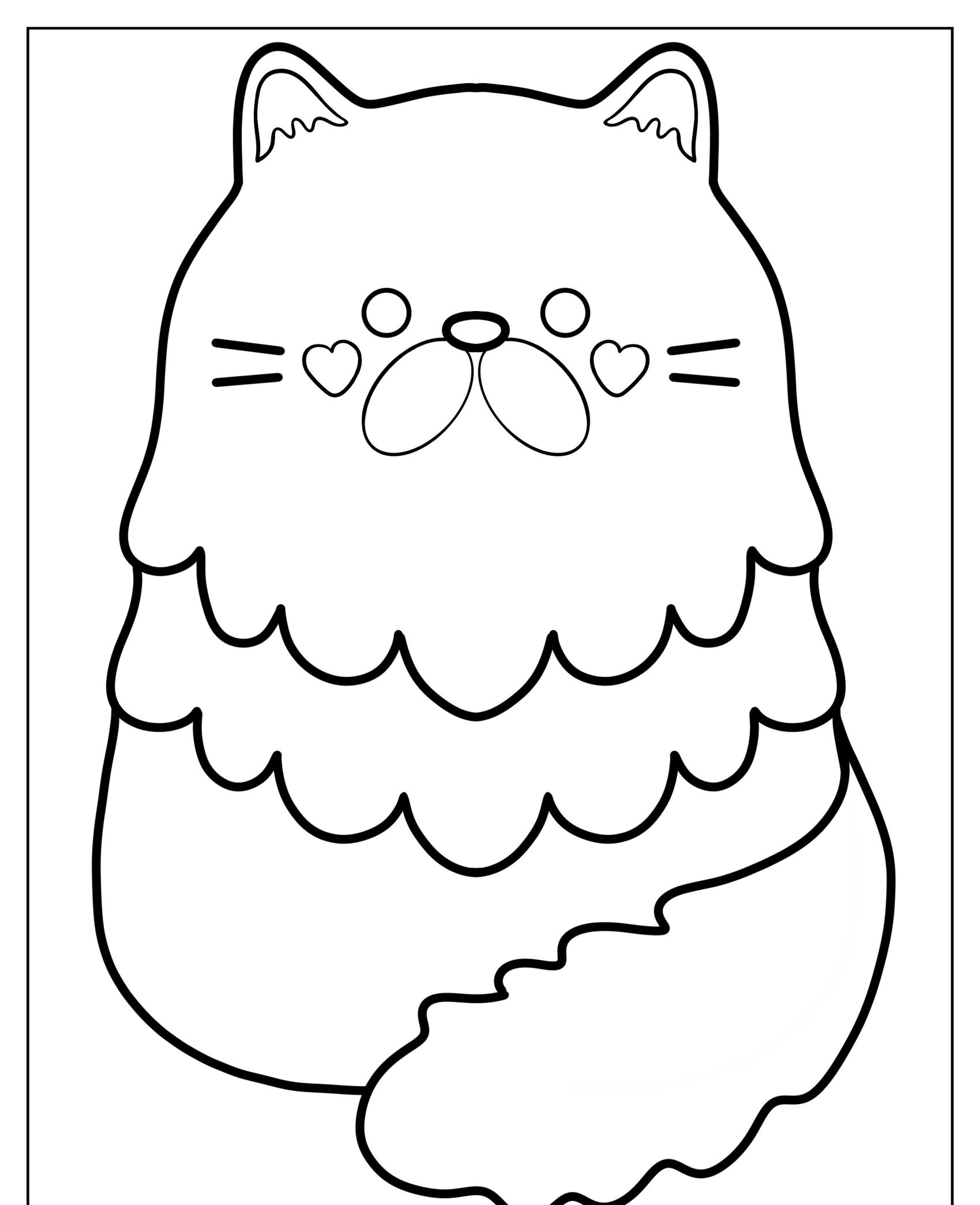 Desenho em preto e branco de um gato de desenho animado com bochechas em formato de coração e uma pelagem fofa e em camadas. Para colorir